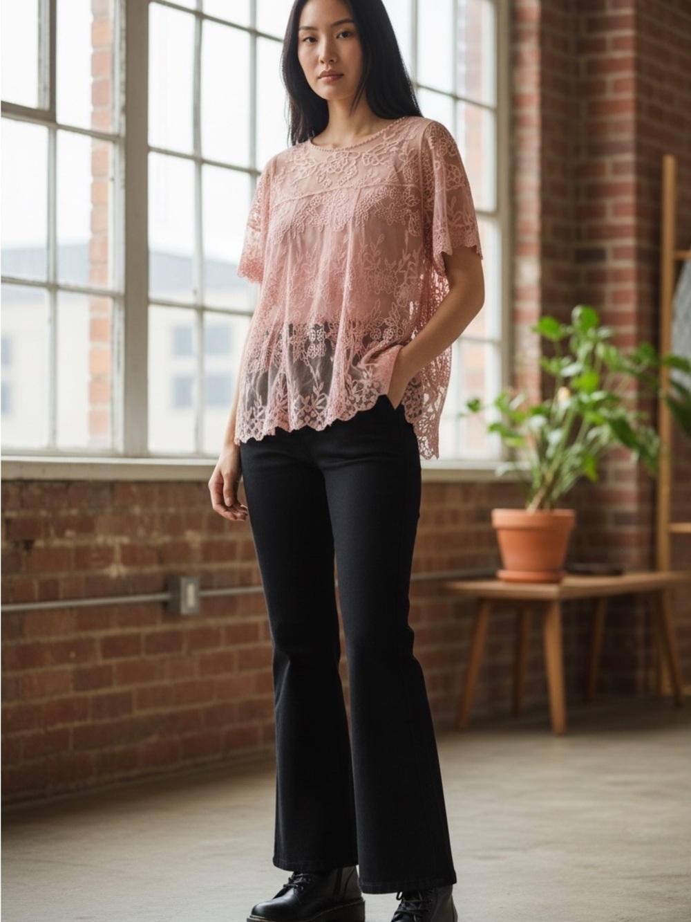 Lace Overlay Short-Sleeve Top in Dusty Rose